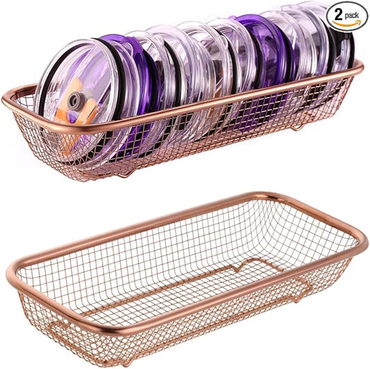 2Pack Stainless Steel Tumbler Cup Lid Organizer Inside Cabinet, Mason Jar Lid H, Rectangular Basket for Storage of Silverware, Chopsticks, straws and Utensils, Rosegold by YokuMade