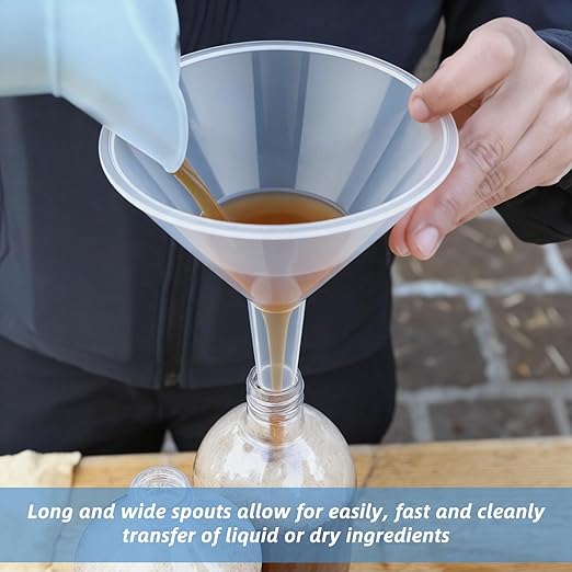 6 Pcs 4.7 Inch Wide Mouth Plastic Funnels,Multi-Purpose Clear Funnels with with Long Reaching Spout for Water Bottles,Oils,Kitchen, Easy and Smooth Content Transfer