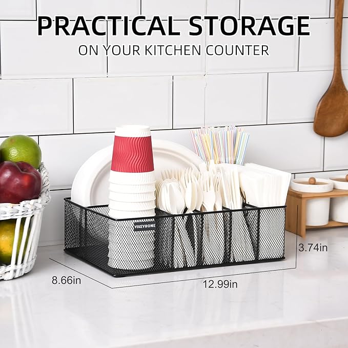 VIKEYHOME Paper Plate Organizer for Countertop, Metal Silverware Caddy with 6 Compartments for Cup, Napkin, Utensil Holder Caddy for Party, Camping, Picnic - Image 4