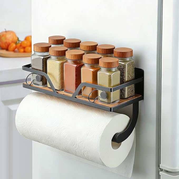 SUNTECH Magnetic Paper Towel Holder for Fridge, Black Kitchen Roll Holder with Shelf Wall Mount, Magnetic Spice Rack Organizer with Funny Memes for Kitchen, RV, Garage by Suntech
