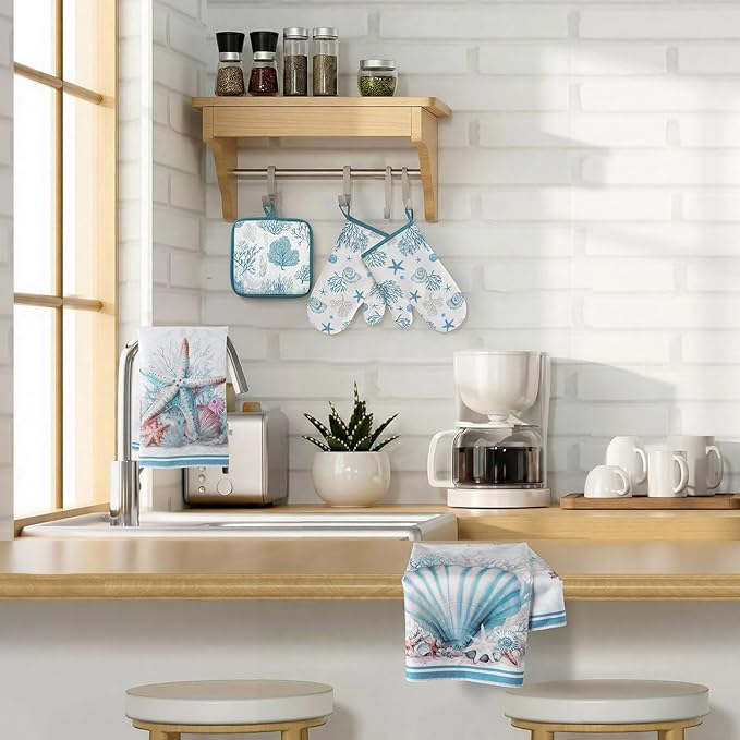Jingmore 6 Pcs Kitchen Decor Set Accessorie Farmhouse Kitchen Towels Pot Holders and Oven Mitts Set 2 Dish Towels 2 Pot Holders 2 Cooking Mitten Oven Glove for Cooking(Blue,Coastal Starfish Shells) - Image 6