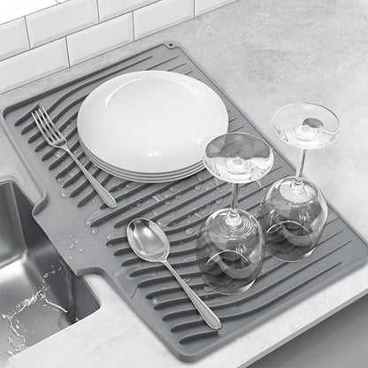 Silicone Dish Drying Mat for Kitchen Counter, Dish Drainer Mat, Non-Slip Drying Pad with Built-in Drain, Kitchen Drying Matt For Counter(18.9" x 11.8", Gray)