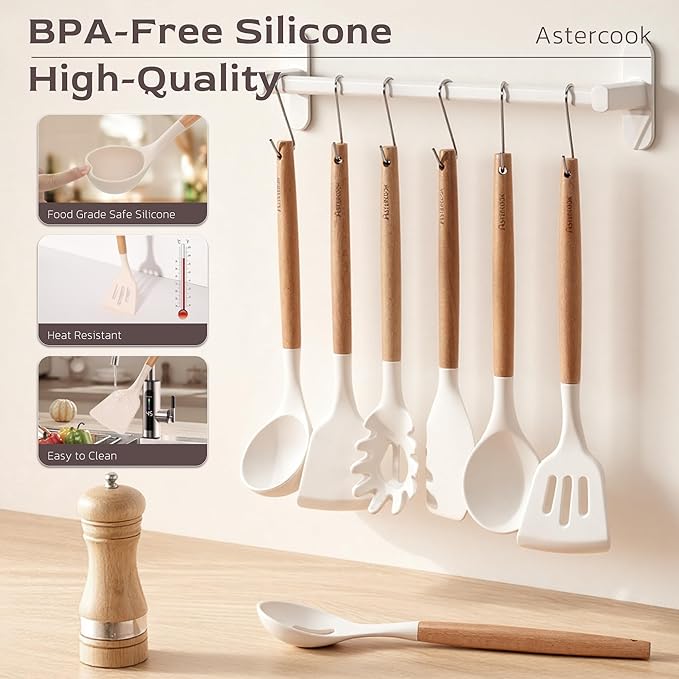 Astercook Kitchen Utensils set, 39 PCS Silicone Cooking Utensils Set with Wooden Handle, 446°F Heat Resistant Food Grade Utensil Sets, BPA Free Kitchen Gadgets Tools Set for Mothers Day Gifts - Image 8
