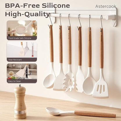 Astercook Kitchen Utensils set, 39 PCS Silicone Cooking Utensils Set with Wooden Handle, 446°F Heat Resistant Food Grade Utensil Sets, BPA Free Kitchen Gadgets Tools Set for Mothers Day Gifts - Image 8