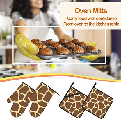 Giraffe Oven Mitts with Matching Potholders - Heat Resistant Kitchen Accessories for Baking, Grilling, Cooking, Gifts for Women