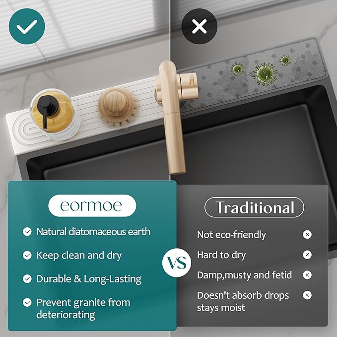 eormoe Faucet Mat for Kitchen Sink - Wider Diatomite Fast Drying Stone Sink Tray, Super Absorbent, Prevents Moisture Buildup - Faucet Splash Guard for Bathroom Counter (Light Grey, 15x5.3inch) - Image 6