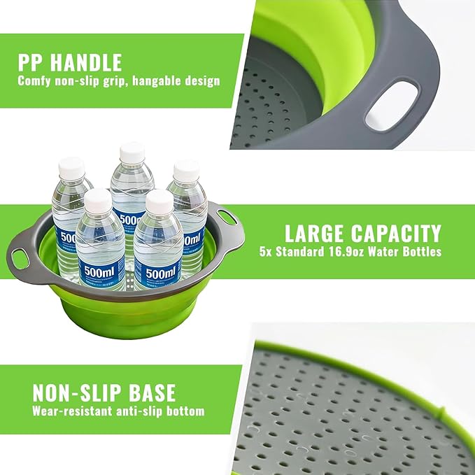 2 Pack Collapsible Silicone Colander with Handle, Over Sink Foldable Food Strainer, BPA-Free Space Saving Drain Basket for Vegetables, Fruits, Pasta, Kitchen & Camping (Green) - Image 5