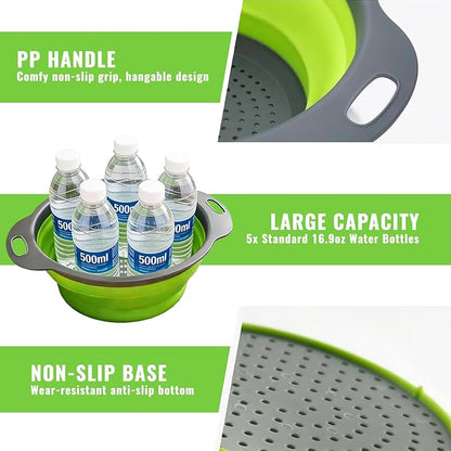 2 Pack Collapsible Silicone Colander with Handle, Over Sink Foldable Food Strainer, BPA-Free Space Saving Drain Basket for Vegetables, Fruits, Pasta, Kitchen & Camping (Green) - Image 5