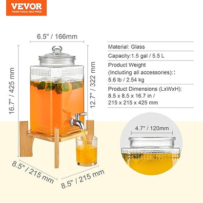 VEVOR Beverage Dispenser, 1.5 Gallon Drink Dispensers for Parties, Glass Juice Dispenser with Stand, Stainless Steel Spigot, Iced Tea Lemonade Juice Water Dispenser, for Restaurants, Hotels, Parties
