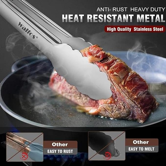 Walfos Kitchen Tongs for Cooking, 600℉ Heat Resistant Stainless Steel Tongs, All Metal Heavy Duty Tongs For Food ,BBQ Grilling - 7 ，9 and 12 Inch ,Set of 3 - Image 2