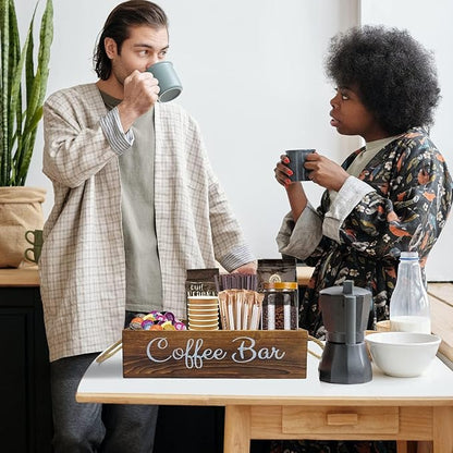 QUALLON Coffee Station Organizer with Small Removable Dividers, Wooden Coffee Bar Accessories Storage For Countertop, Farmhouse Kcup Coffee Pod Holder Basket With Handle For Coffee Lover - Image 7