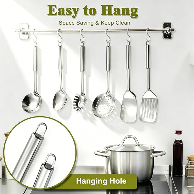 Stainless Steel Kitchen Utensils Set - 12pcs Cooking Utensils Set with Holder, Heat Resistant Kitchen Tool Set for Cooking with Turners, Potato Masher, Spatula, Spoons, Tongs, Whisk - Image 5