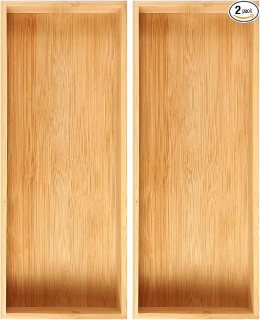 Fabsome Kitchen Utensil Drawer Organizer, Bamboo Silverware Cutlery Flatware Organizer Bins, Wooden Container Storage Trays for Bathroom Vanity Junk Drawer, 15" x 6" Set of 2 by Fabsome