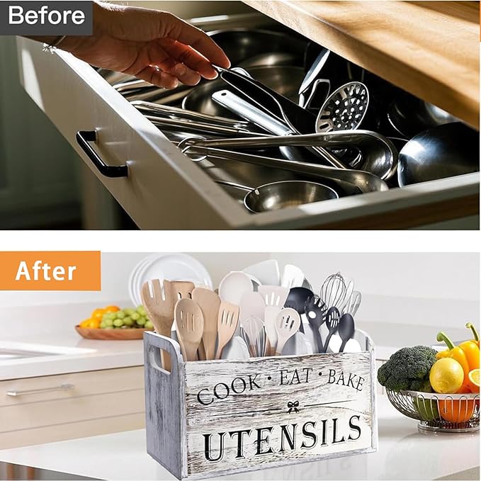 Utensil Holder,Wooden Utensil Holder for Kitchen Counter, Cooking Utensil Organizer with 3 Compartments,Utensil Crock for Silverware Spoon Spatula - Image 6