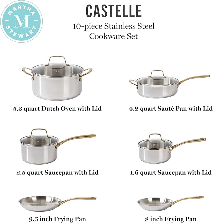 Martha Stewart Castelle 10 Piece 18/8 Durable Stainless Steel Induction Safe Pots and Pans Non-Toxic Kitchen Cookware Set - Gold Handles - Dishwasher Safe - Image 3