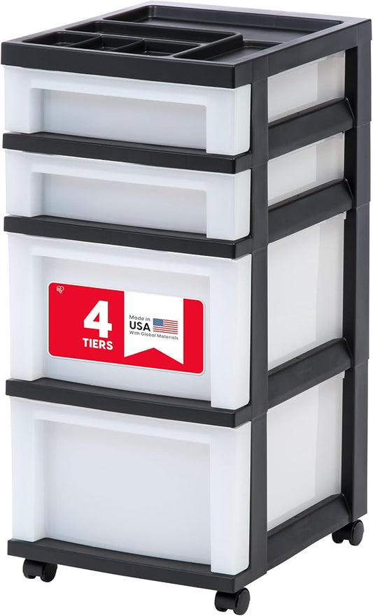 IRIS USA Plastic Drawer Storage Organizer Rolling Cart, with Wheels Casters, 4-Drawers, for Classroom Art Craft Supplies Dresser Closet Bathroom Laundry Room, Black/Pearl by IRISUSA