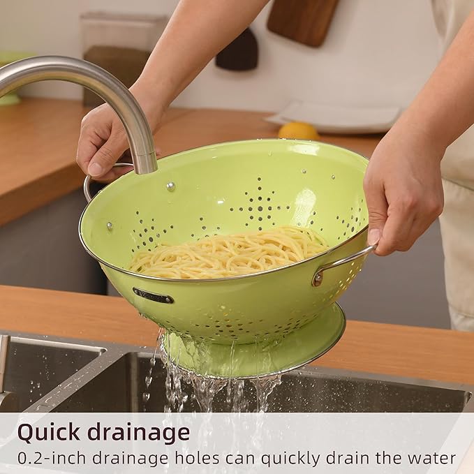Metal Colander 2 Pack, Strainer Bowel with Handles 2Qt & 6Qt Powder Coated Solid Ring Base Heavey Duty Kitchen Drainer Basket for Pasta Veggies and Fruits,New Home Apartment Essentials (LightGreen) - Image 3