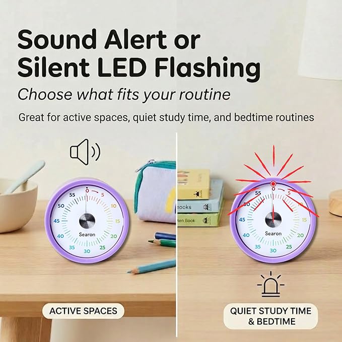 Searon Visual Timer for Kids with Magnet, Quiet 60 Minute Countdown Timer with Rainbow Disk, Sound or Silent LED Alert, for Homework, Reading, Study Time, Kitchen & Small Spaces (Purple)