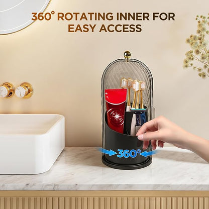 3 Slots Toothbrush Holders with Lid, Rotating Concealed Tooth Brush Holders for Bathroom, Countertop Toothbrush Holder with Cover, Toothpaste Holder for Bathrooms, Makeup Brush Holder(Black)
