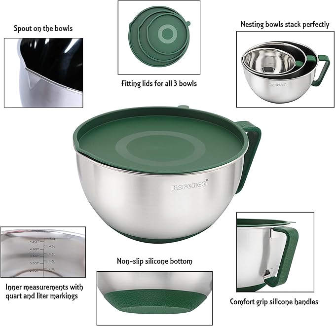 Rorence Mixing Bowls Set: Stainless Steel Non-Slip Bowls with Pour Spout, Handle and Lid - Set of 3 - Green - Image 3
