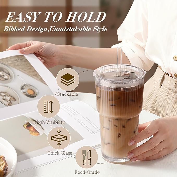 Iced Coffee Cups with Lids: Coffee Bar Accessories - Ribbed Glass Tumbler with Straw and Lid 4Pcs - 20oz Leak Proof Tumbler - Reusable Glass Cups and Tumblers with Lid and Straws for To Go Iced Coffee - Image 3