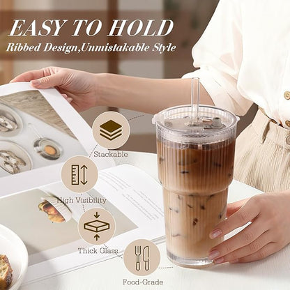 Iced Coffee Cups with Lids: Coffee Bar Accessories - Ribbed Glass Tumbler with Straw and Lid 4Pcs - 20oz Leak Proof Tumbler - Reusable Glass Cups and Tumblers with Lid and Straws for To Go Iced Coffee - Image 3