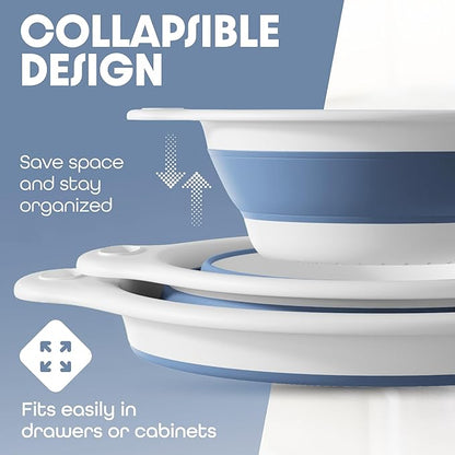 Gevoli Collapsible Colanders (3 Pack Set) Food Strainers with Over-Sink Water Draining Base for Pasta Fruits and Vegetables, White/Blue (3 Sizes, 3QT, 4QT and 5 Quart) - Image 4
