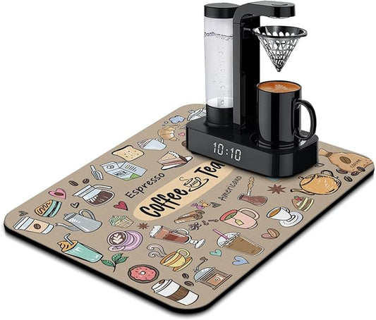 Fun Coffee Bar Mat 24inx18in, Absorbent Hide Stain Anti-Slip Accessories Fit Under Coffee Machine, Dish Drying Mat for Countertops