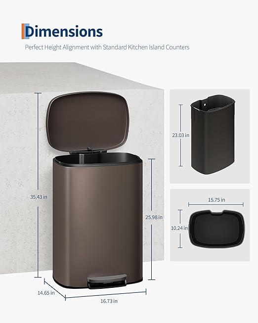 Garvee 13 gal / 50 L Metal Kitchen Trash Can with Lid, Large Rustproof Garbage Can for Kitchen, Step-on Trash Bin with Inner Bucket, Rear Handle, Soft Close Lid, Brown - Image 6