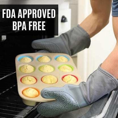BPA-Free Soft Silicone 4 Piece Oven Mitts & Trivets Set - Ultra Heat Resistant Oven Mitts with Thick Cotton Liner - Long Slip Resistant Pot Holders, Flexible Oven Gloves - Gray - Image 5