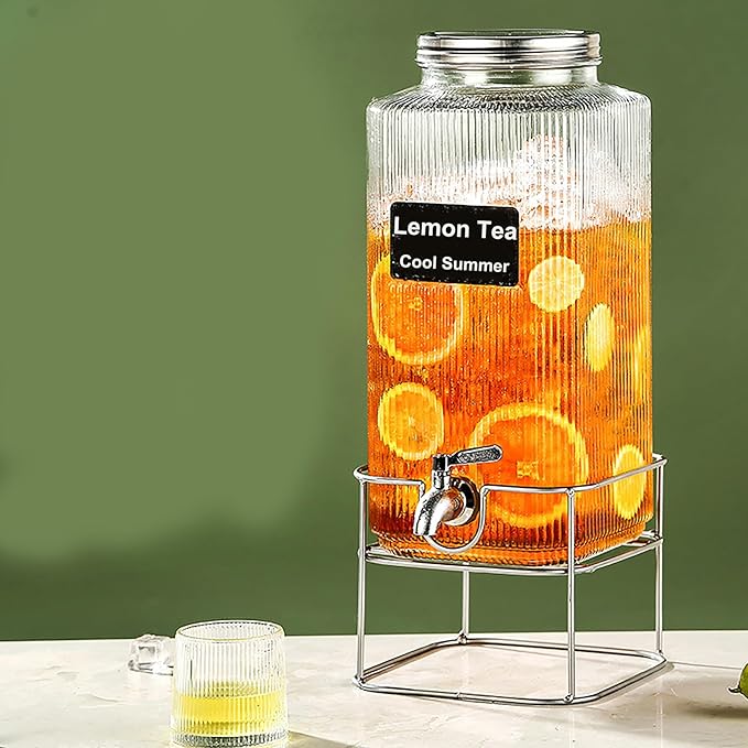 Lulonpon 6L(1.6 Gallon) Glass Drink Dispenser, Beverage Dispenser with Stainless Tap, Glass Water Juice Dispensers with Metal Stand, Water Jug with Tap Perfect for Parties,Weddings,Birthdays - Image 3