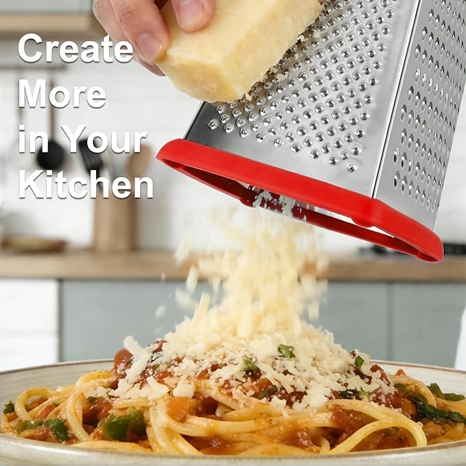 Ourokhome Cheese Grater with Handle, Stainless Steel Box Grater, 4 Side Kitchen Vegetable Shredder Slicer Zester with Container for Parmesan, Cabbage, Ginger, Lemon, Chocolate, Coconut (Red) - Image 7