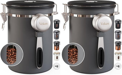 Veken Coffee Canister with Window,Airtight Stainless Steel Kitchen Food Storage Container, Date Tracker & Scoop for Grounds Coffee, Beans, Tea, Flour, Cereal,Sugar,22OZ,Grey (Pack of 2) by Veken