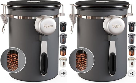 Veken Coffee Canister with Window,Airtight Stainless Steel Kitchen Food Storage Container, Date Tracker & Scoop for Grounds Coffee, Beans, Tea, Flour, Cereal,Sugar,22OZ,Grey (Pack of 2) by Veken