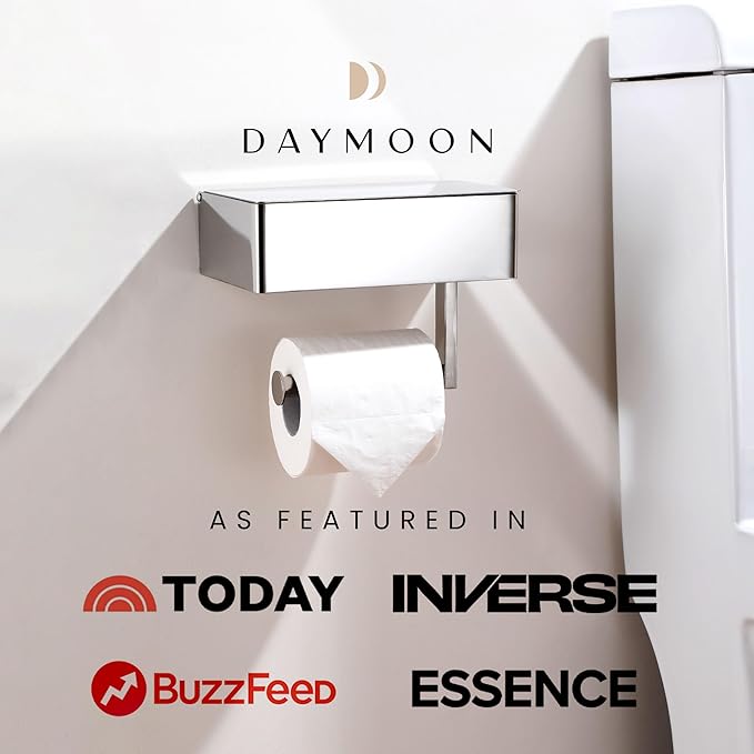 Day Moon™ - Toilet Paper Holder with Shelf - Modern Roll Holder for Bathroom - 1 Pack - Wall Mount - with Storage, Polished Chrome - Image 4