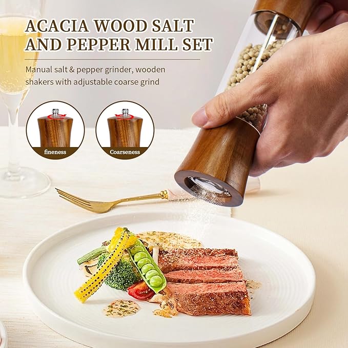 XWXO Acacia Wood Premium Acrylic Salt and Pepper Grinder Set 8 Inches Salt and Pepper Mill Set, Manual Mills- Wooden Shakers with Adjustable Ceramic Core 2 Pack for Kitchen Home Gift - Image 5
