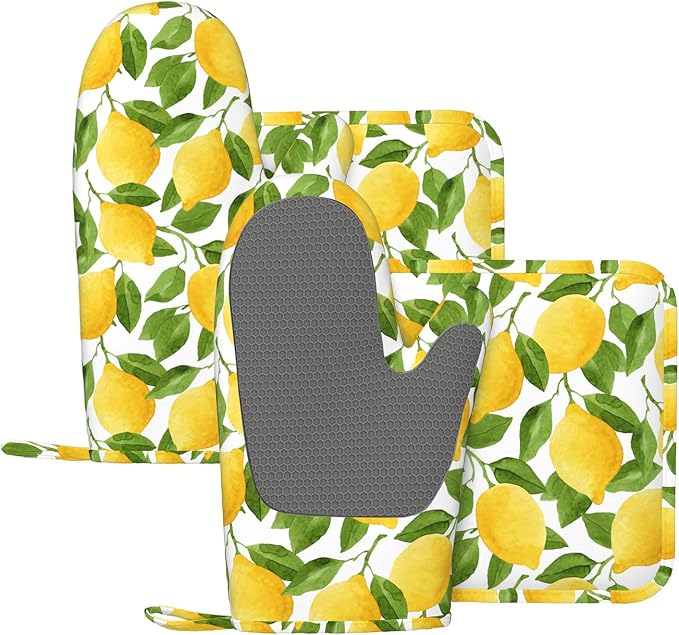 Lemon Oven Mitts and Pot Holders Sets of 4,Resistant Hot Pads with Silicone Non-Slip BBQ Gloves for Kitchen,Cooking,Baking,Grilling
