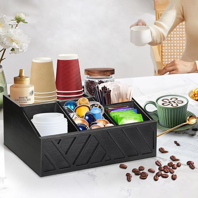 ugiftt Coffee Station Organizer for Counter, Wood Coffee Pods Holder Storage Basket, Tea Condiment Storage Organizer, Rustic Bar Decor for Accessories Organizer - Image 4
