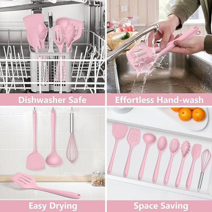TeamFar 8 PCS Silicone Cooking Utensils - 446°F Heat Resistant Kitchen Silicon Utensils Set, Turner, Spatula, Spoon, Whisk, Kitchen Cooking Gadgets Tools for Nonstick Cookware, Dishwasher Safe-Pink - Image 6