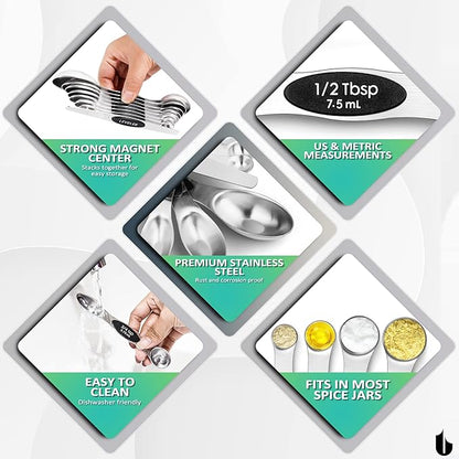 Urbanstrive 8 Pcs Upgraded Magnetic Measuring Spoons Set Stainless Steel Dual Sided for Liquid Dry Food Measuring Cups Spoons Set Fits in Spice Jar Kitchen Gadgets Including Leveler, Silver - Image 7