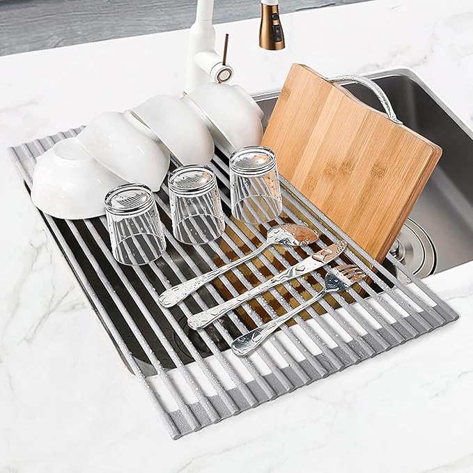 MERRYBOX Roll Up Dish Drying Rack, Over The Sink Dish Rack Foldable, Heat-Resistant, Anti-Slip Silicone Coated Steel Dish Drainer for Kitchen Sink, Multipurpose Roll Up Sink Drying Rack, 17.5" x 13" - Image 8