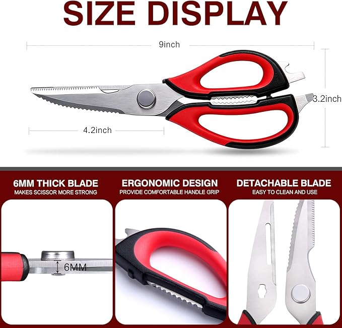 Kitchen Scissors All Purpose for Food, Heavy Duty Kitchen Shears that Come Apart, Sharp Stainless Steel Poultry Shears, Cooking Meat Scissors with Good Grips (Red)