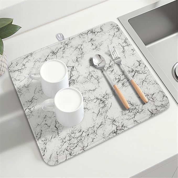 White Grey Marble Dish Drying Mat for Kitchen Counter Modern Marble Pattern Microfiber Dish Drainer Mat Absorbent Washable Drying Pad 16"x18"