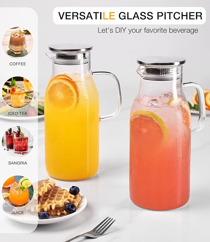 Glass Pitcher with Lid, 2 Liter 68oz Water Pitcher with Handle for Fridge, Large Drink Jug for Iced Tea, Coffee, Juice, Borosilicate Glass Carafe for Hot/Cold Brew Beverage, Heat Resistant - Image 2