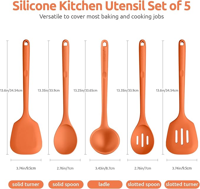 Silicone Kitchen Cooking Utensil Set: U-Taste 600ºF Heat Resistant 13.6in Extra Long Kitchen Tools, Food-Grade Non-Stick Spatula Turner Spoon Ladle for Stir Frying, Serving, Mixing (5 Pieces, Orange) - Image 2