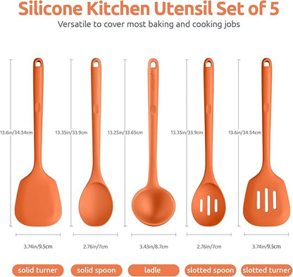 Silicone Kitchen Cooking Utensil Set: U-Taste 600ºF Heat Resistant 13.6in Extra Long Kitchen Tools, Food-Grade Non-Stick Spatula Turner Spoon Ladle for Stir Frying, Serving, Mixing (5 Pieces, Orange) - Image 2