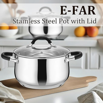 E-far 4 Quart Stockpot, Stainless Steel Pot with Visible Lid for Cooking Soup Pasta, Tri-Ply Thick Base for Induction Gas, Small Cooking Pot with Dual Heat Proof Handles, Non-Toxic & Dishwasher Safe - Image 6