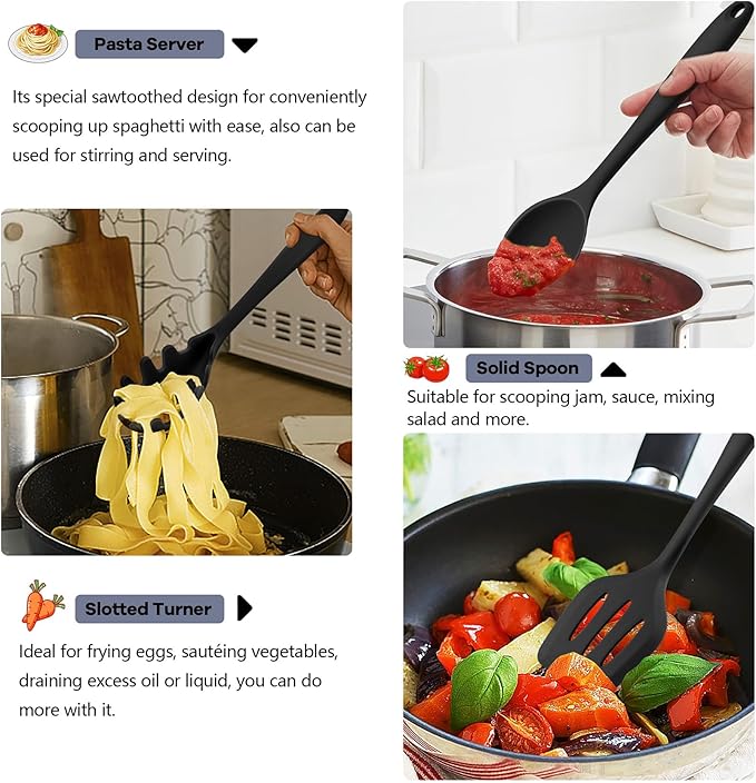 TeamFar Silicone Cooking Utensils, 10 pcs Kitchen Cooking Utensils Set, 446°F Heat Resistant Kitchen Gadgets Tools Set w/Spatula, Turners, Spoons, Soup Ladle, Pasta Server for Nonstick Cookware, Black - Image 4