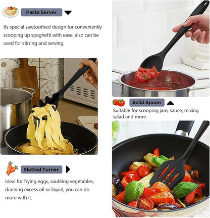TeamFar Silicone Cooking Utensils, 10 pcs Kitchen Cooking Utensils Set, 446°F Heat Resistant Kitchen Gadgets Tools Set w/Spatula, Turners, Spoons, Soup Ladle, Pasta Server for Nonstick Cookware, Black - Image 4