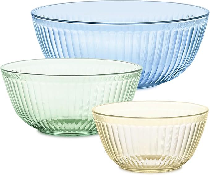 Pyrex Colors Tinted 3-PC, Unlidded Small/Medium/Large Glass Mixing Bowls, Nesting Space Saving Set of Bowls For Prepping and Baking, 1.3QT, 2.3QT & 4.5QT by Pyrex
